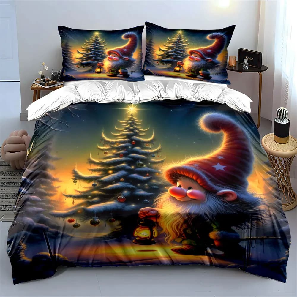 A snowy gnome with a lantern by a decorated Christmas tree Print Duvet Cover Bedding Set Included 1*Duvet Cover 2*Pillowcases