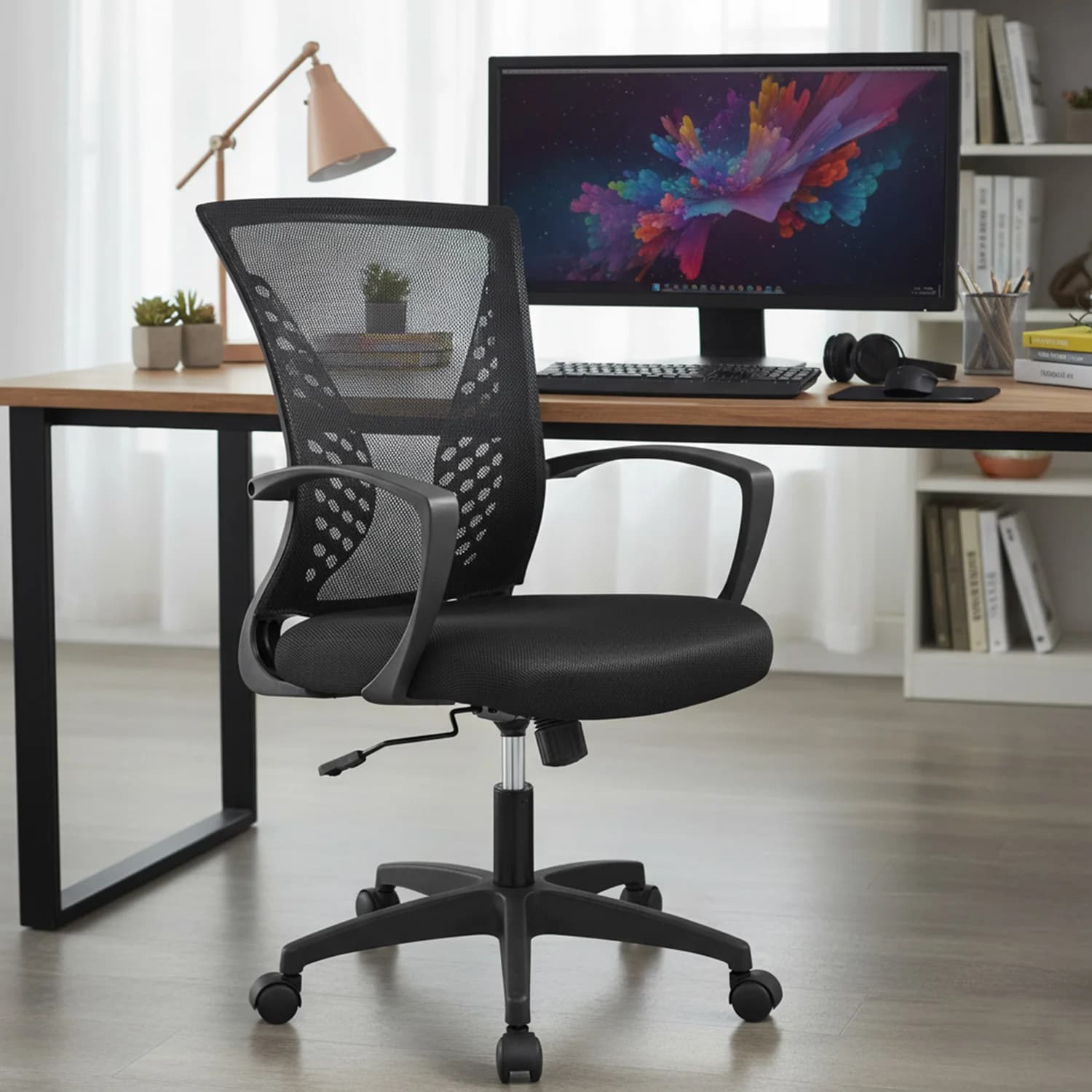 Sedia da ufficio Sedia in rete Sedia da scrivania ergonomica per computer Supporto lombare girevole con schienale medio con bracciolo
