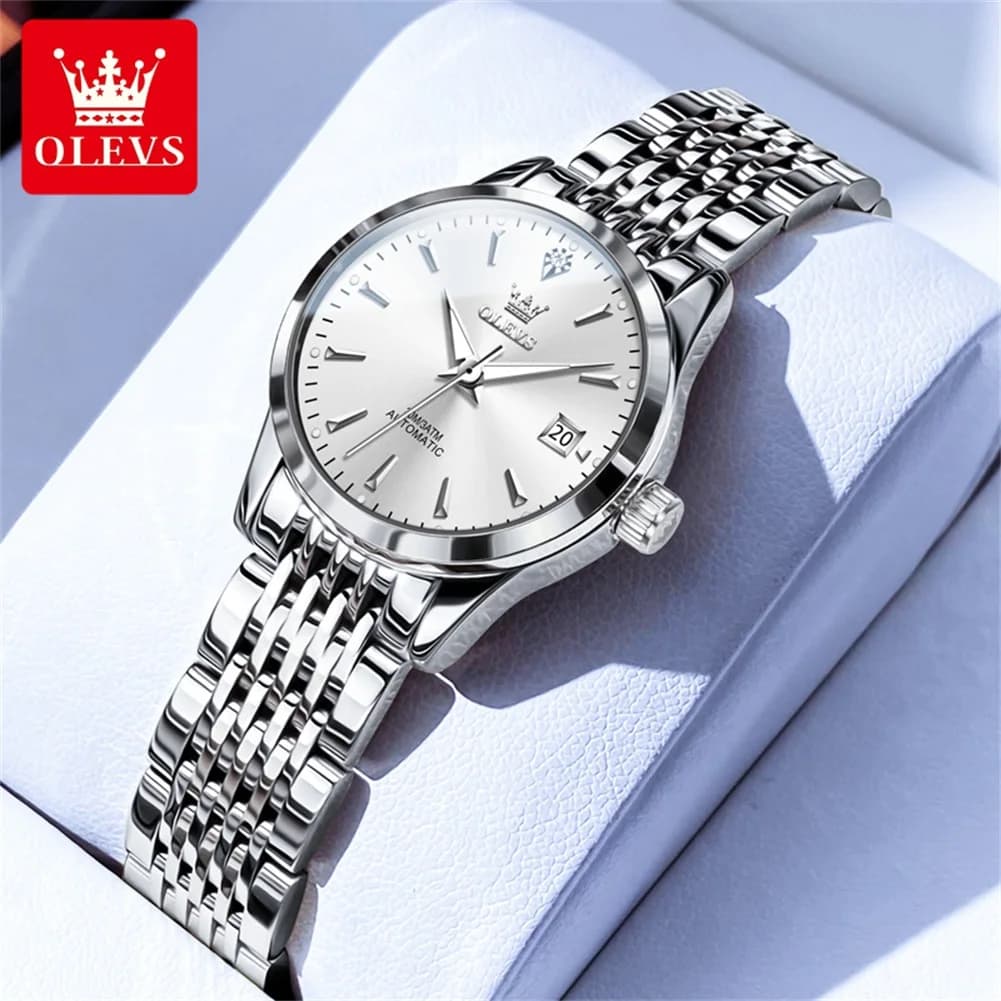 OLEVS 6635 Women's Mechanical Watch Simple Luxury Elegant Ladies Wristwatch Stainless Steel Waterproof Calendar Automatic Watch