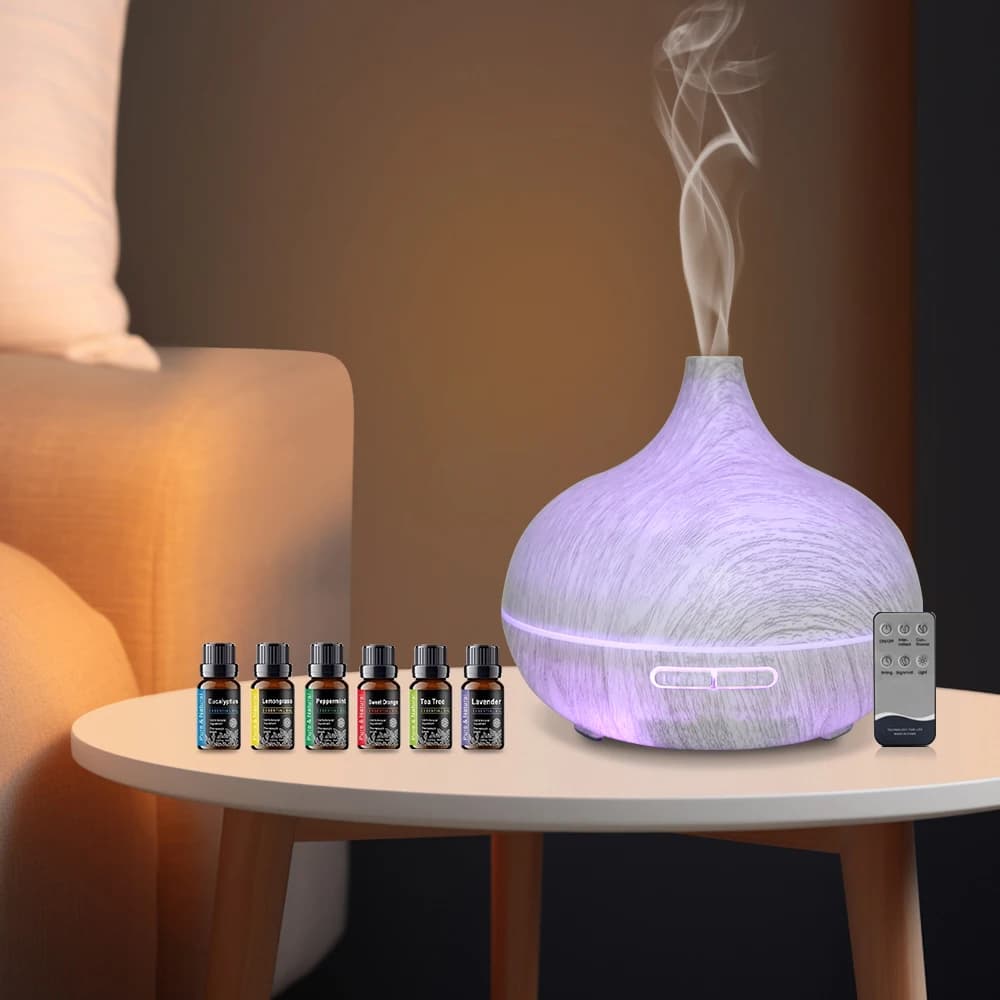Diffusore di oli essenziali e umidificatore da 550 ml, design a venature del legno, ultra silenzioso per un sonno migliore, include 6 O premium