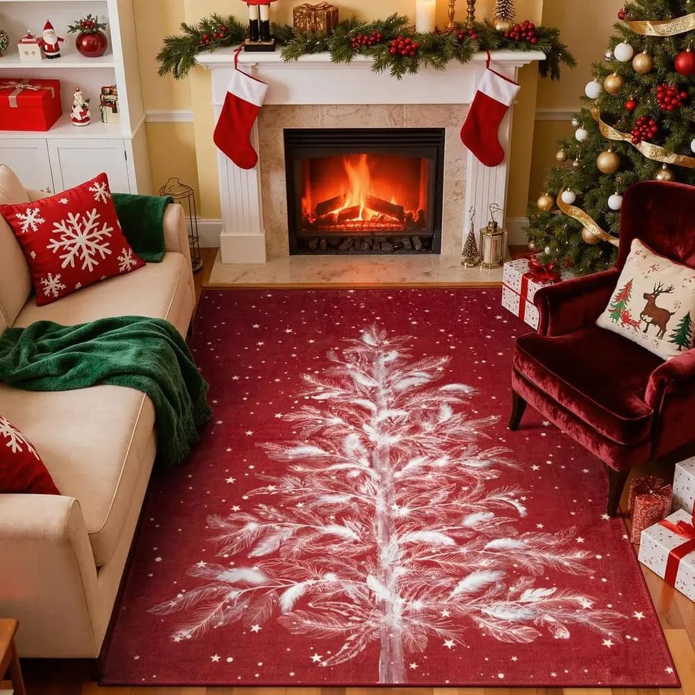 5x7 red christmas tree washable mat, soft, non-slip, stain resistant for bedroom and living room, ultra-thin office carpet