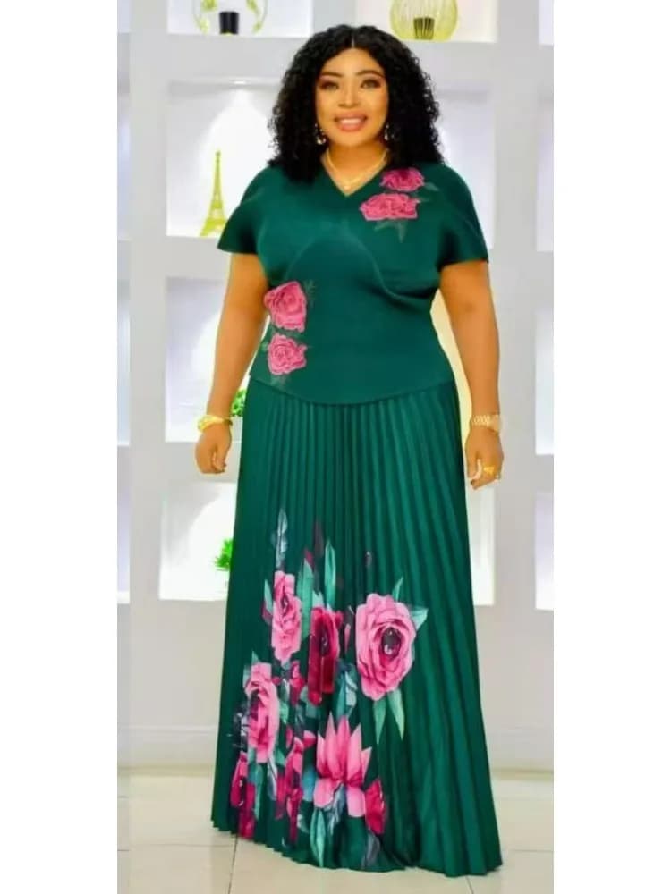 Miyake Africano Scollo A V Pieghettato a maniche corte Stampato Elegante Abito Allentato Top di Moda + Gonna Lunga A Pieghe Set da Due Pezzi da Donna