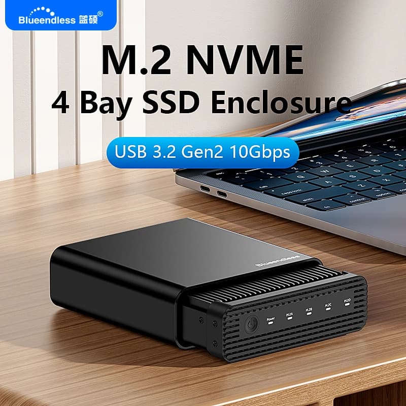Blueendless Aluminum M2 4-Bay External PCIe NVME SSD Enclosure USB C 3.2 Gen2 10Gbps TO Nvme Adapter SSD case with Cooling Fan