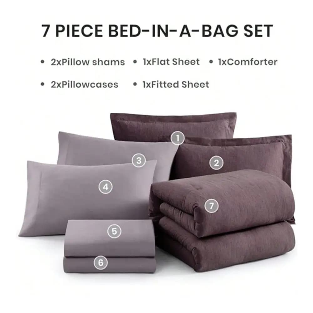 Set di 7 pezzi per letto matrimoniale, completo di piumino, lenzuola, federe, copripiumino reversibili.