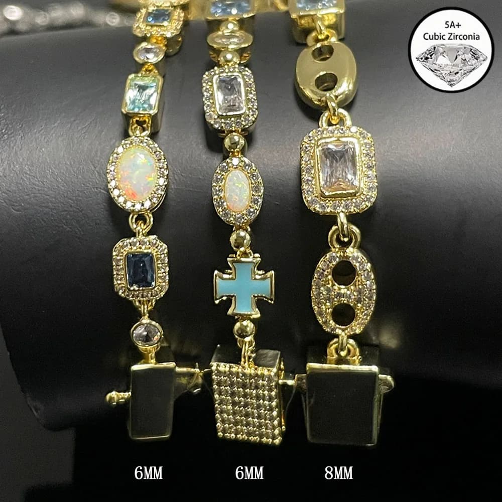 Bracciale HHIOK Fine 6/8mm con Gemme Blu Mare/Blu Intenso, Maglia Cubana, in Ottone con Zirconi, Gioielli Hip Hop Personalizzati per Uomini e Donne