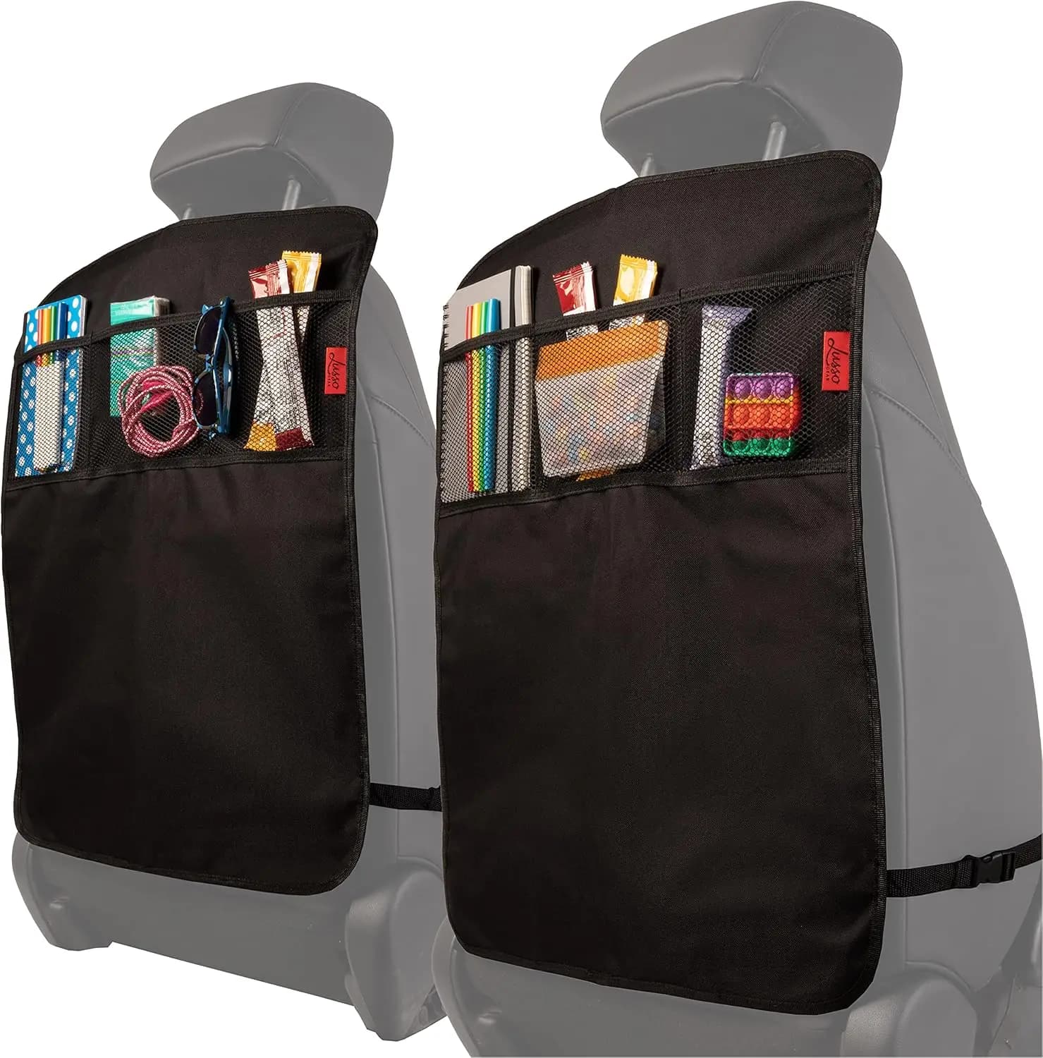 Set of 2 Organizers for Cars and Children's Seat - Waterproof Seats in Oxford with 3 Network Pockets for Auto Organization, Black