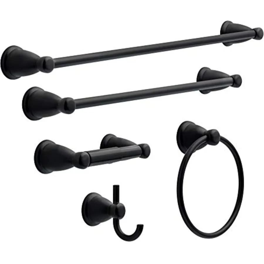 Set da Bagno Kinla 5 Pezzi Nero Opaco, Portasciugamani da 18 e 24 Pollici, Porta Carta Igienica, Anello Portasciugamani, Gancio KIN5PC-MB