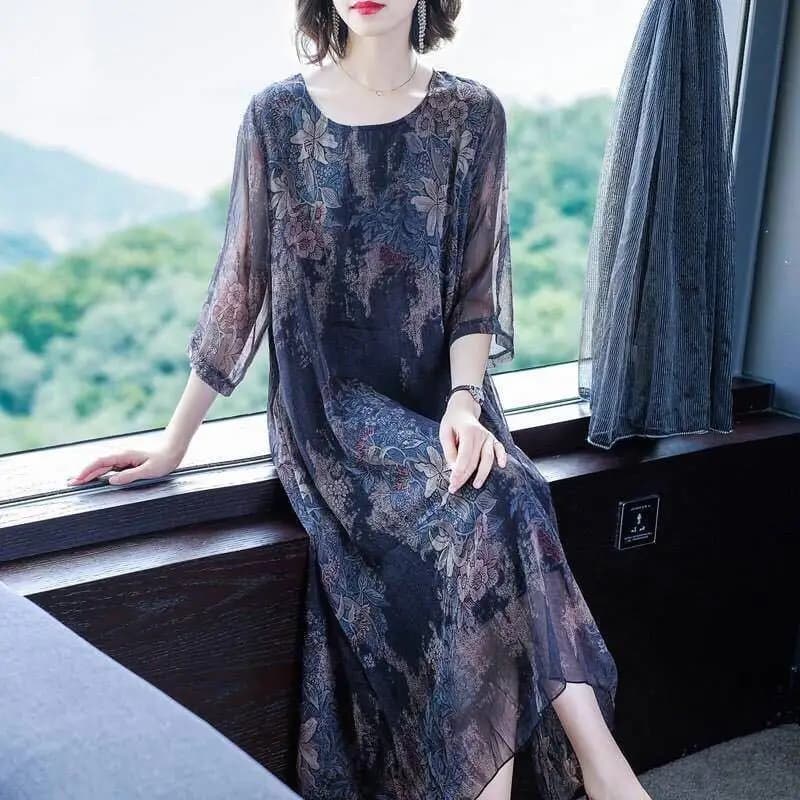 Elegant Chiffon Floral Dress Women's Vintage Summer Mid Sleeve Long Sleeve Y2k Women's New Fashion Korean Midi Robe