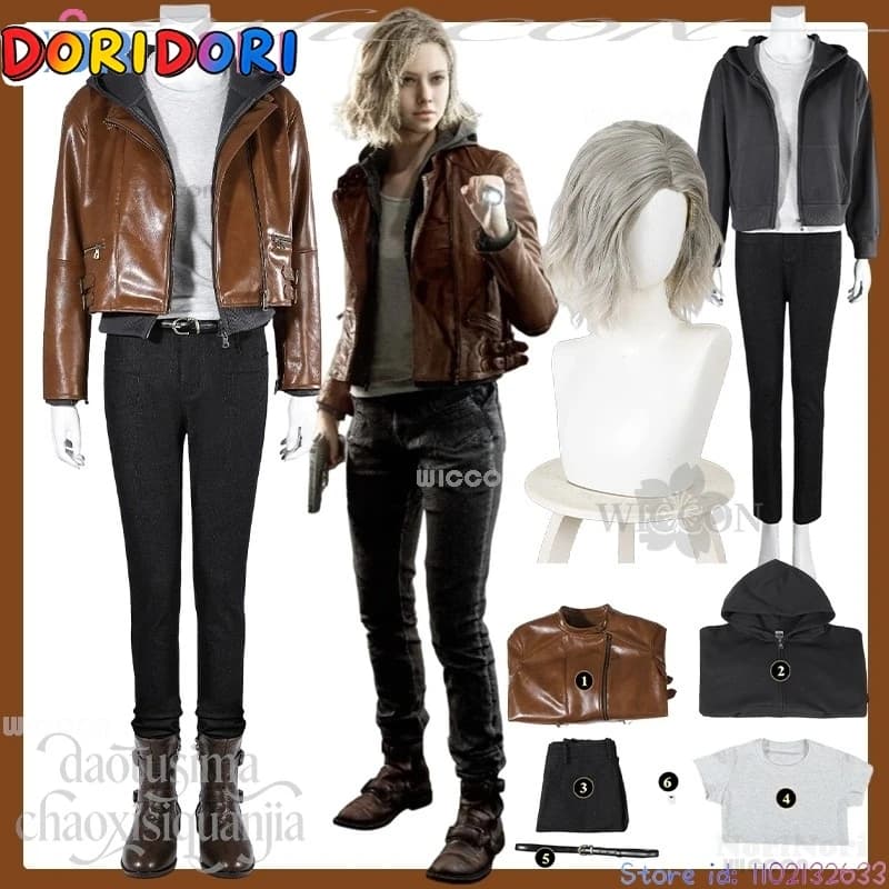 Anime Horror Game Requiem Grace Cosplay Disfraz Brown PU Short Jacket Gray Accessories deguisement adulte
