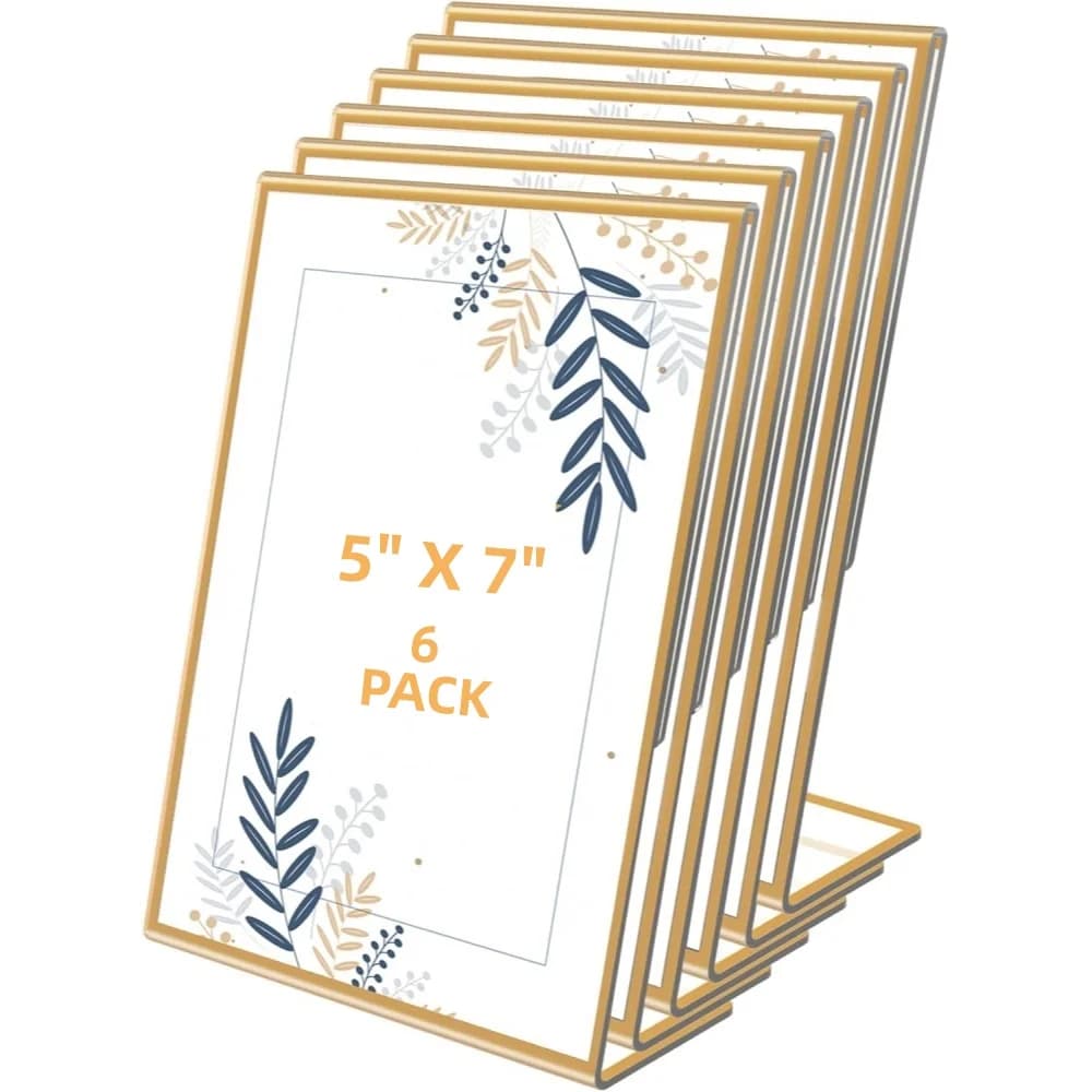 6-Pack 5x7 Gold Picture Frames Clear Frameless Acrylic Self-Standing Photo Frames for Wedding Table Numbers Restaurant Signs Art