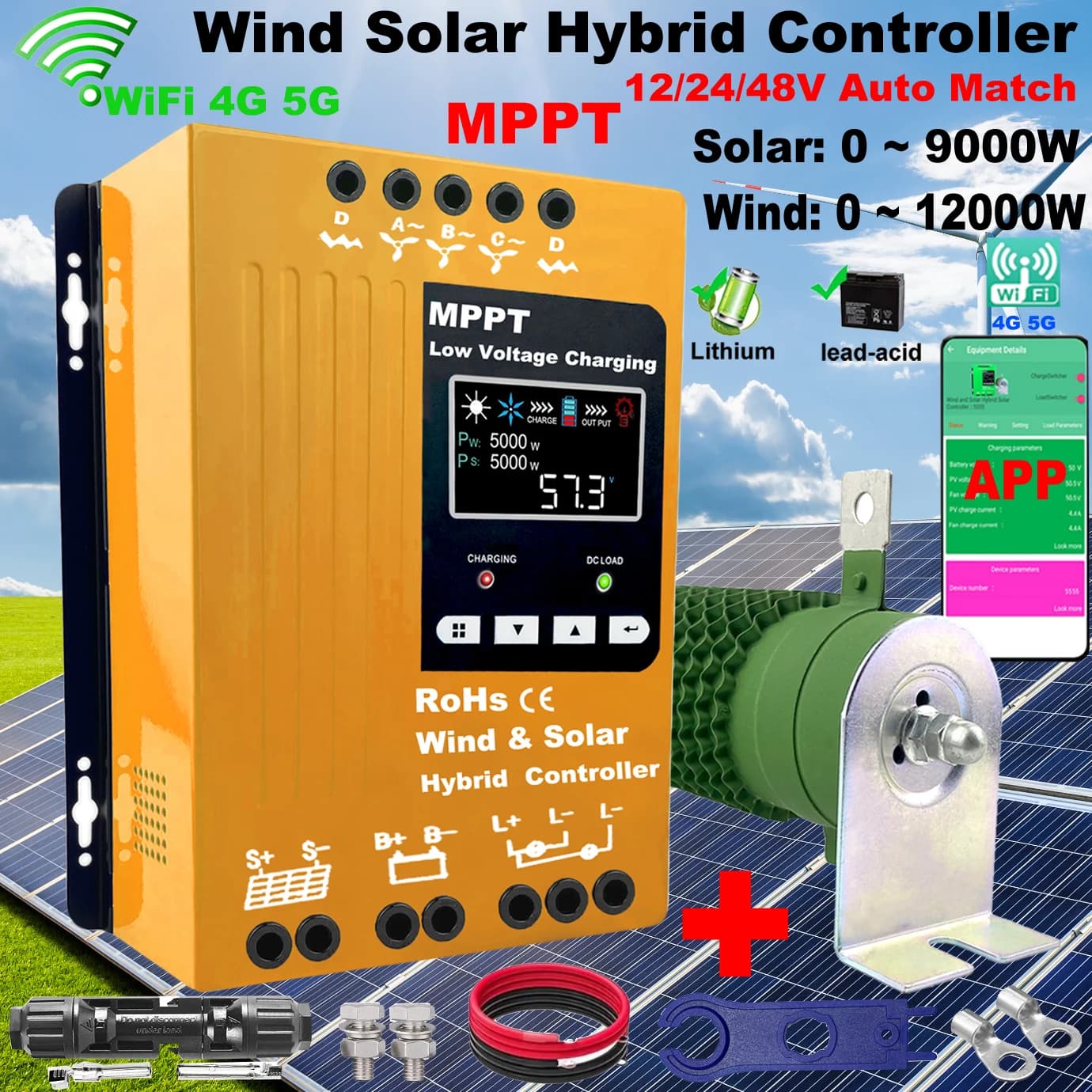 Regolatore Ibrido Eolico Solare 5000W 6KW con Scheda MPPT, Caricabatterie, Equalizzatore e Display LCD per Batterie al Litio LiFePO4 e Tutti i Tipi di Batteria