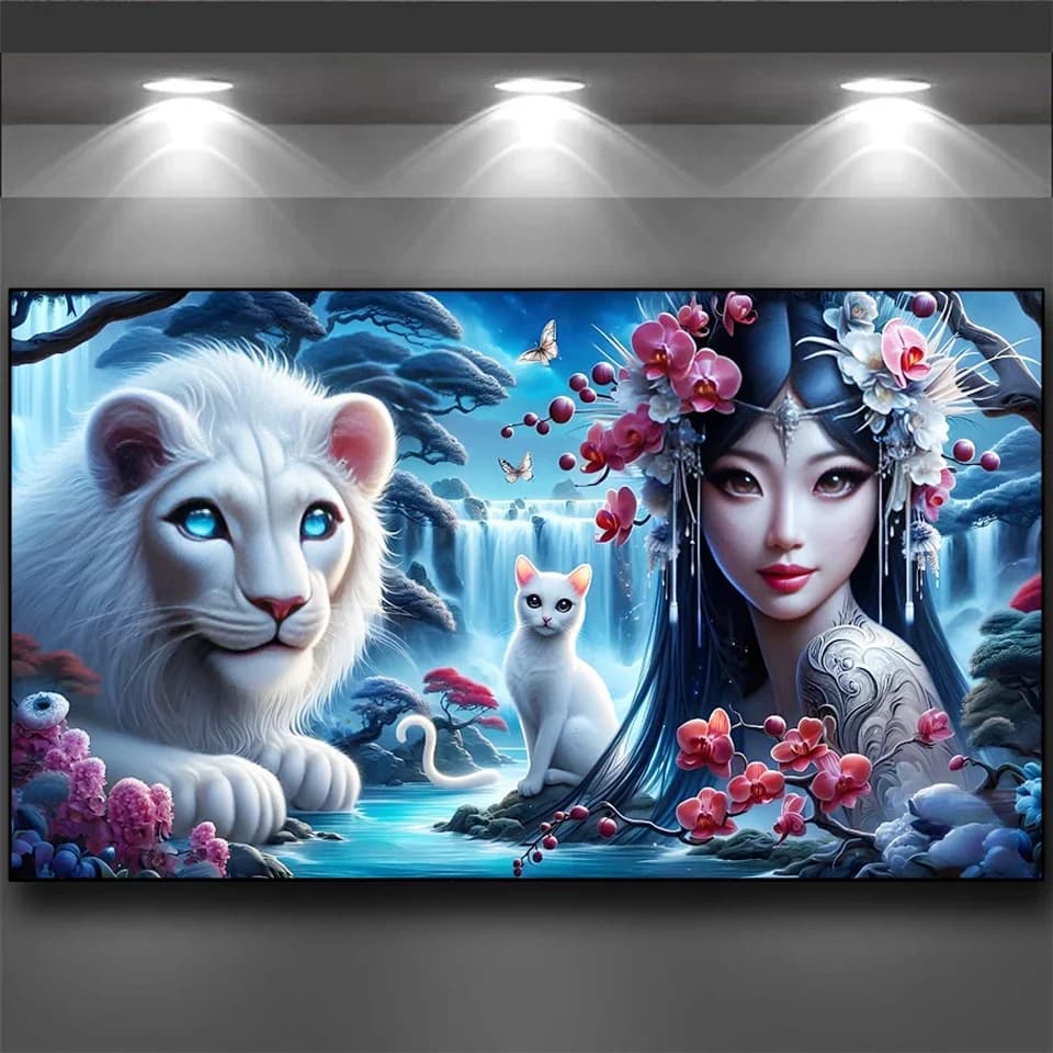 Cascata Foresta Leone bianco Cavallo e donna Pittura artistica con diamanti Fai da te Diamanti pieni Mosaico Anime Bellezza Kit punto croce