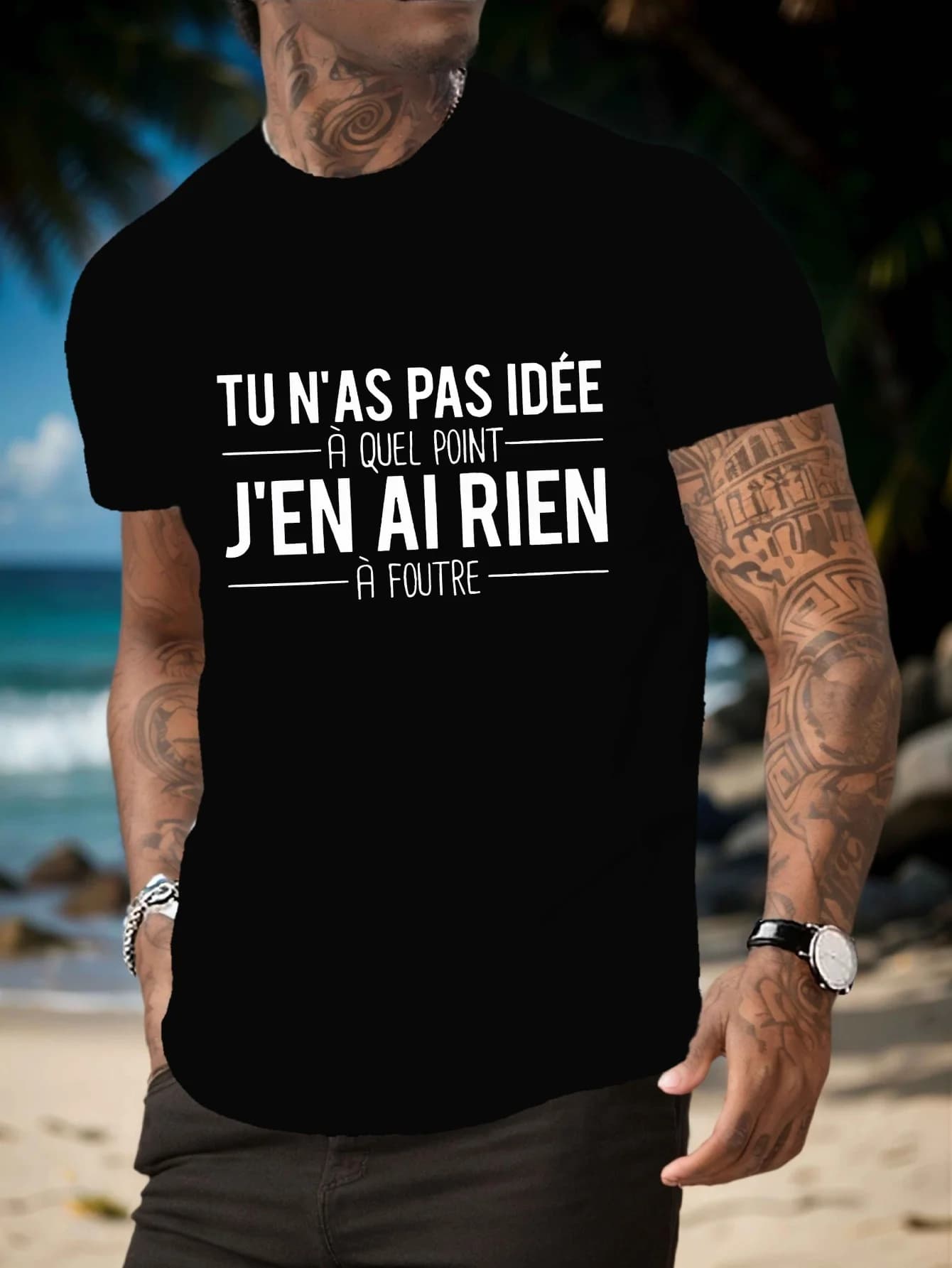 T-shirt da uomo con motivo francese, stile casual, manica corta, girocollo, leggera e traspirante, stampata con le parole "TU N'AS PAS IDeE"
