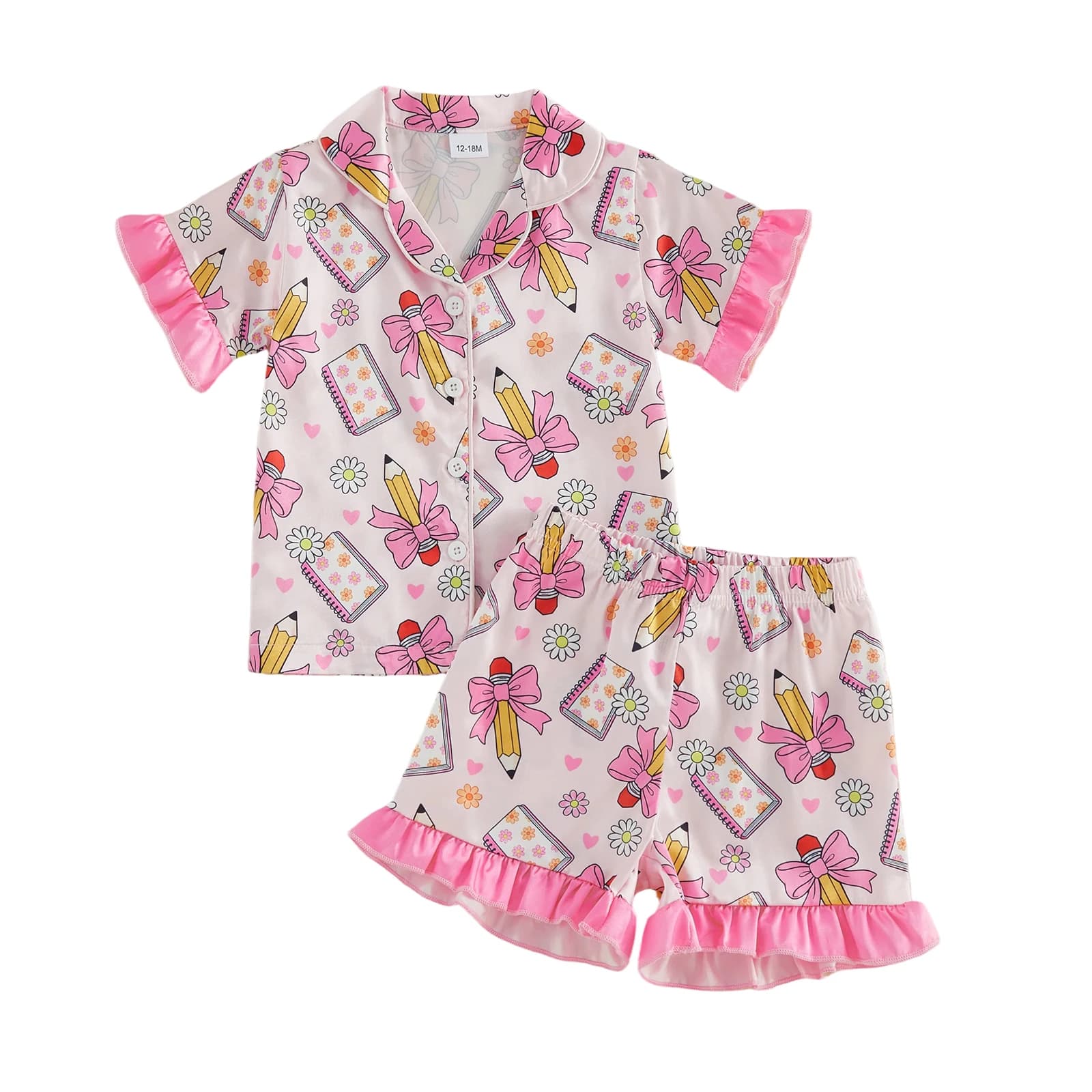 Girls Back to School Pajamas Set Short Sleeve Button Down Floral Bow Pencil Print Shirt Shorts Sleepwear