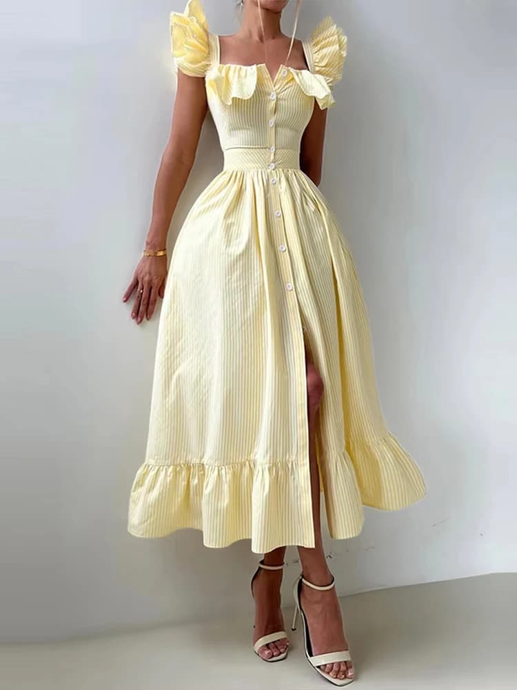 Elegant Blue Striped Ruffled Button Long Dress Women Square - Neck Sleeveless Female Dresses 2026 Summer Beach Party Lady Robe