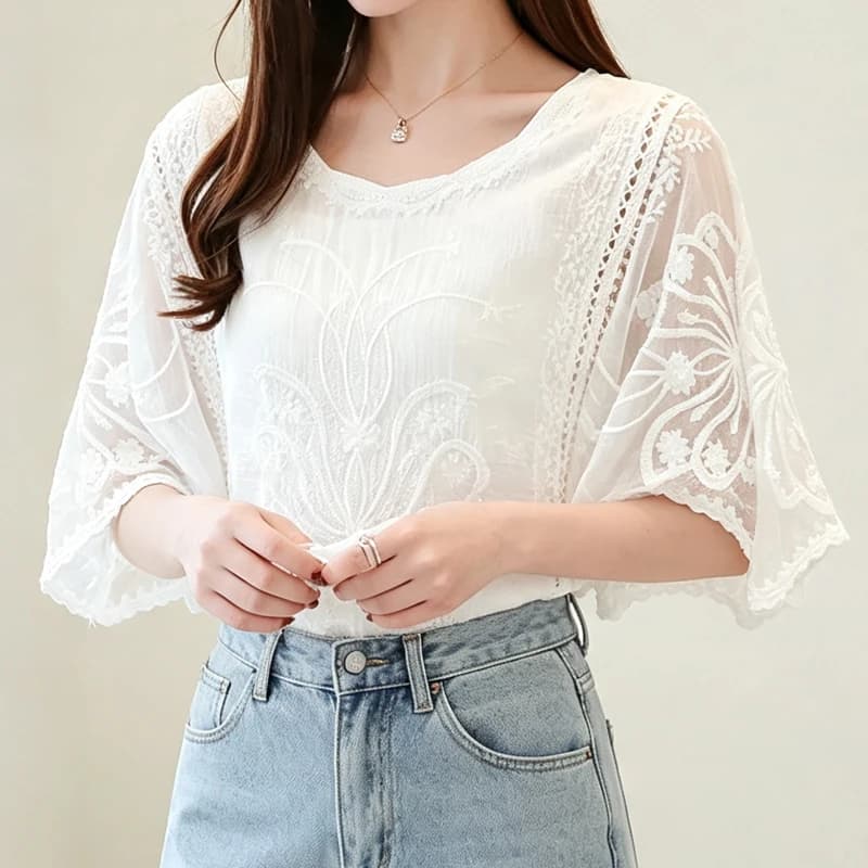 Vintage Slim Fit Embroidered Lace Blouse Batwing Sleeve Sheer Mesh Top Elegant V-Neck Summer Shirt Casual Lightweight Blouses