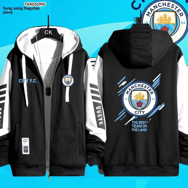Nuova Felpa con Zip Manchester Ci 2324, Abbigliamento Sportivo Casual da Uomo, Vestiti da Allenamento Antivento in Poliestere a Maniche Lunghe
