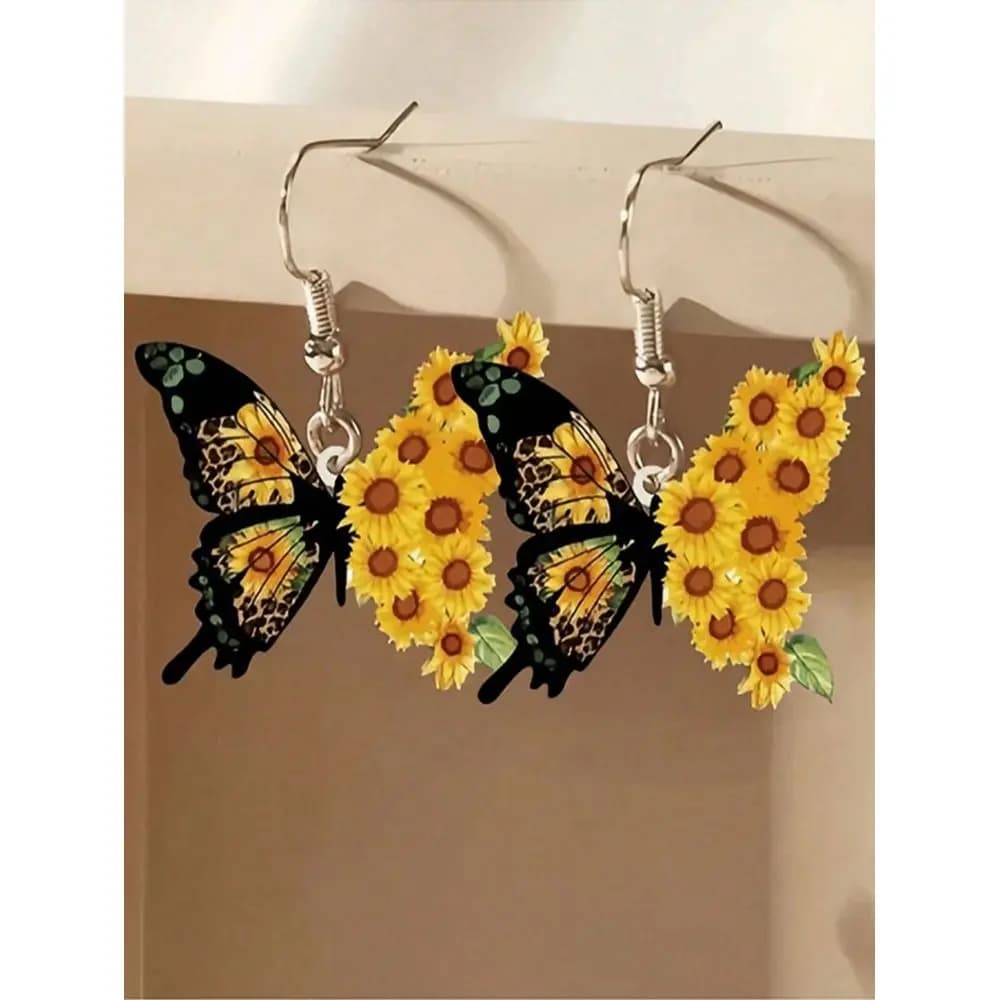Pair Bohemian Style Elegant 2D Acrylic Sunflower Butterfly Earrings With Iris Flower Hooks Vibrant Yellow Sunflower And Orange