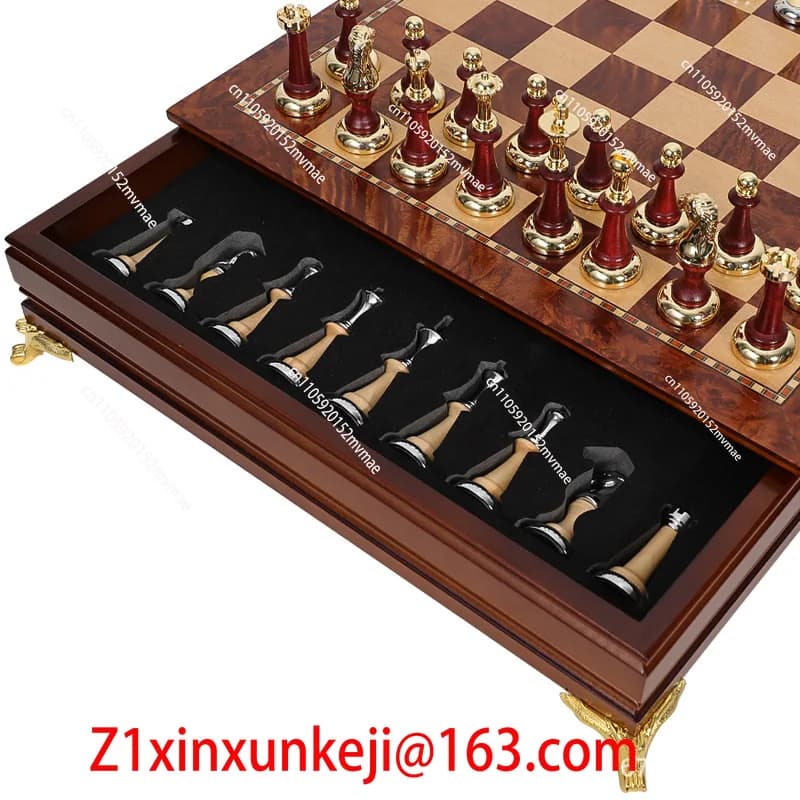 Set di Scacchi di Lusso in Metallo e Legno Massiccio, con Ottimo Spazio di Archiviazione, Raffinato, da Tavolo