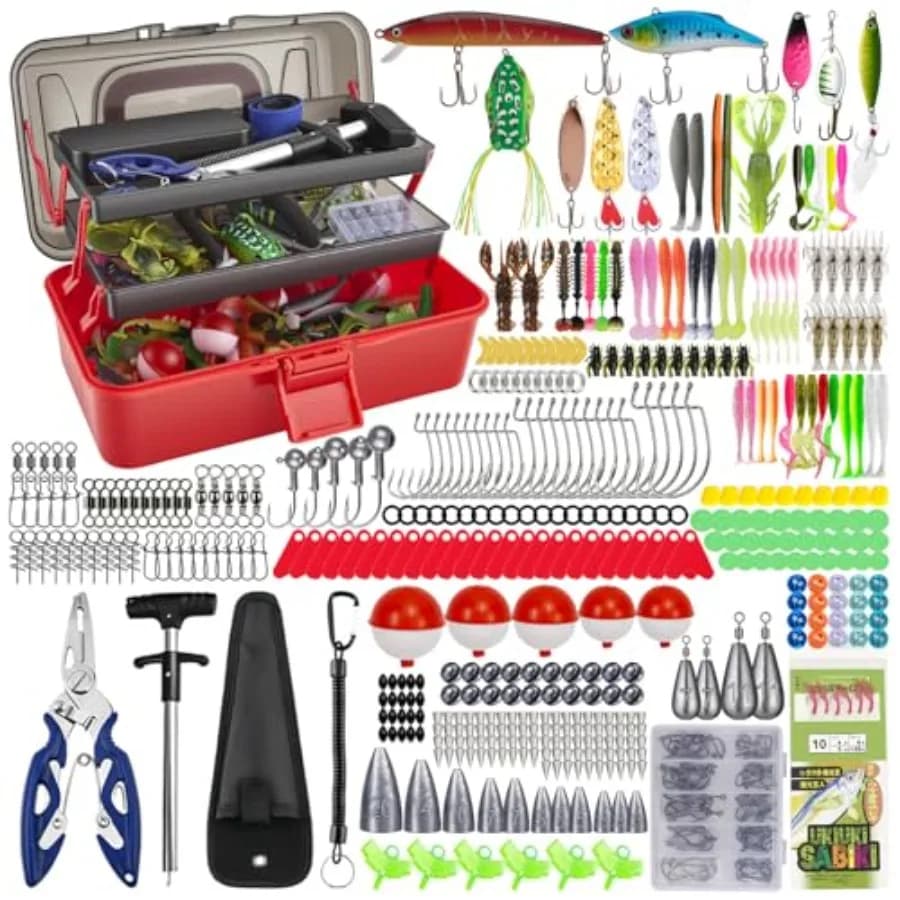 Grande Scatola Porta Attrezzi da Pesca a 3 Strati con 460 Pezzi Inclusi, Kit di Utensili Piccoli con Pinza, Estrattore per Ami, Pesi e Accessori