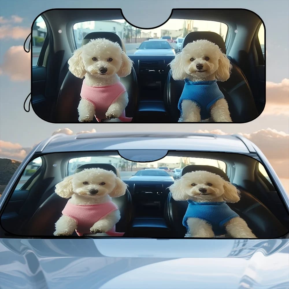 1pc Adorabile barboncino car ride modello parabrezza parasole - visiera parasole pieghevole in poliestere per parabrezza anteriore, mantiene il veicolo Inte