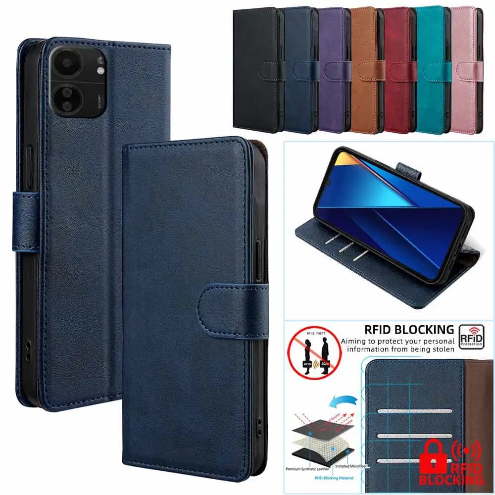 Leather book case with magnetic buckle for Xiaomi Poco X8 Pro, Poco X7 Pro, Poco X6, X5, X4, X3 Pro, GT - RFID protection