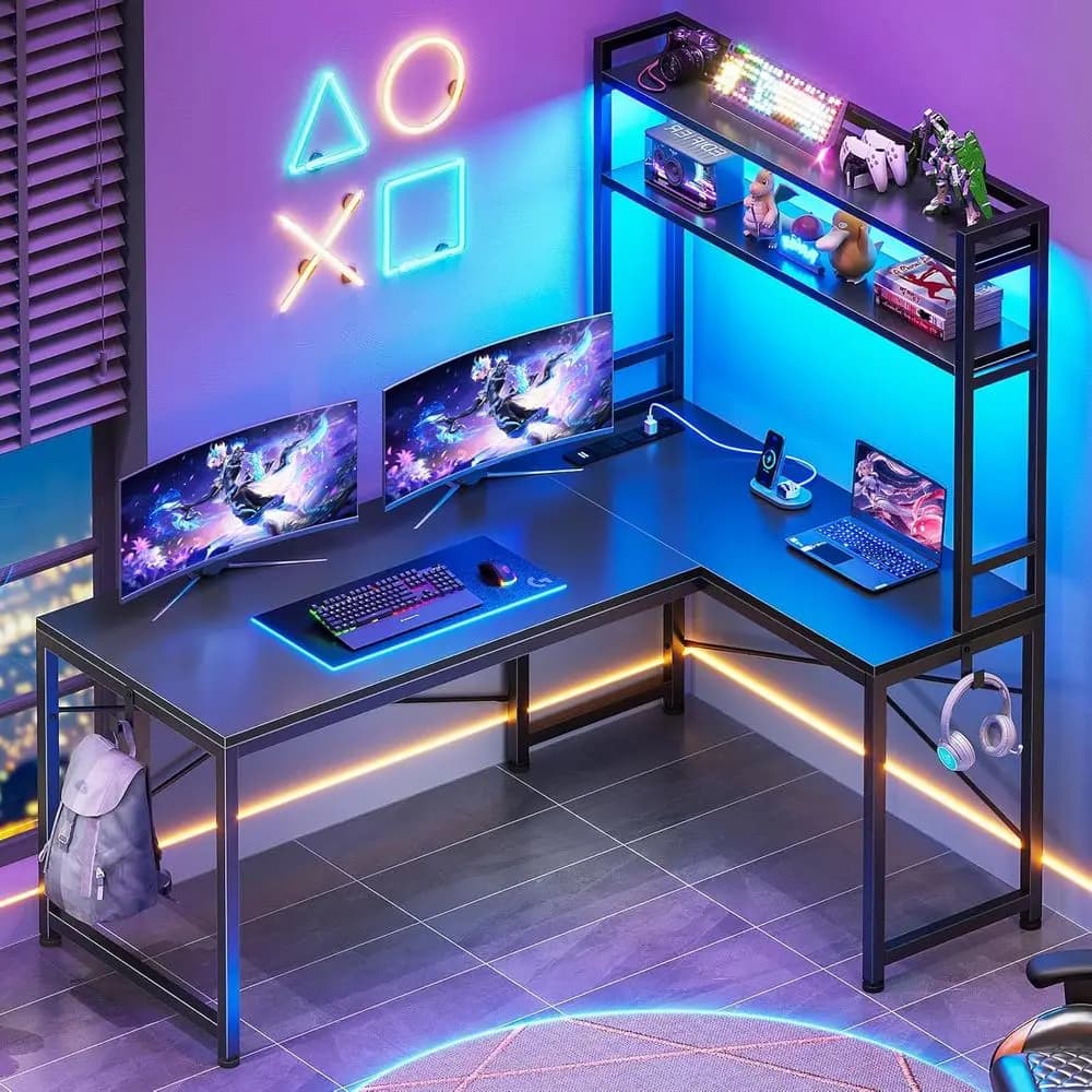 Scrivania da Gaming a L Reversibile da 45,3 L con Presa di Corrente, Luci LED, Spazio di Archiviazione e Ganci per Piccoli Spazi, Nera