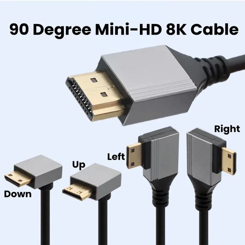 Mini/Micro HDMI-Compatible 8K UHD Cable 90 Degree Up/Down/Left/Right Angle HD Port Thin Cord for Laptop Camera Tablet Camcorder