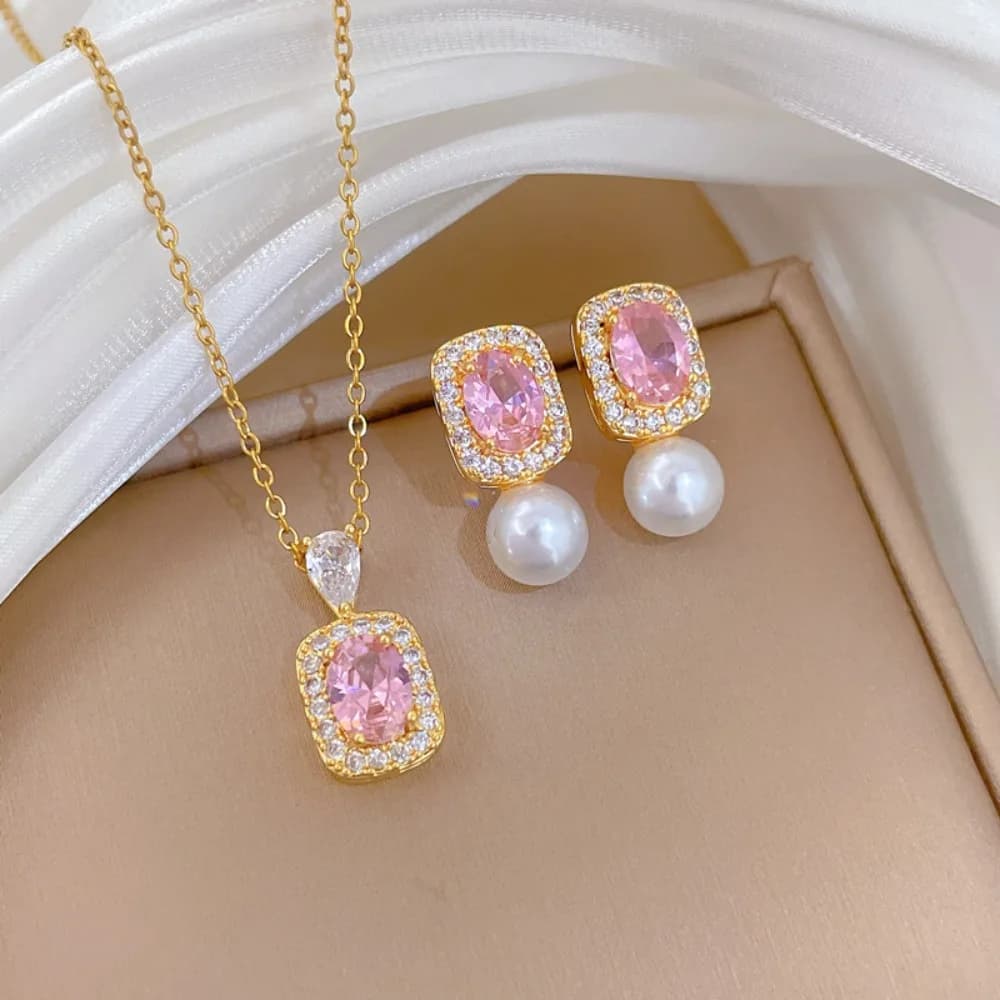 Collana con ciondolo in cristallo rosa quadrato lucido con ciondolo di lusso in acciaio inossidabile Orecchini di perle per le donne Set di gioielli da sposa da sposa regalo