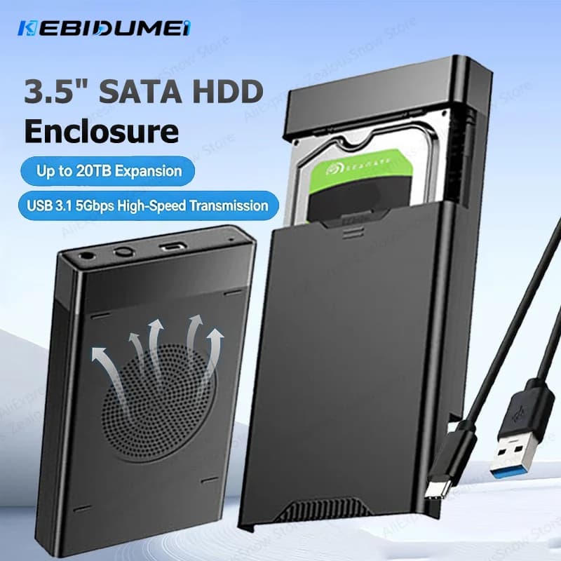 KEBIDUMEI 3.5 Inch HDD Case SATA To USB3.1 External Hard Drive Case 5Gbps High Speed Hard Disk Housing Support 20TB Max Adapter