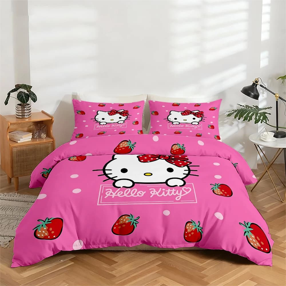 Set of bed linen with digital print in 3 pieces, set of duvets and strawberries Hello Kitty, set of large floral duvet, includes 1 headdress + 2 pillowcase, suitable for bedroom, guest room, home decorations, duvet cover + polyester fiber pillowcase, ultra soft bed linen, thick fabric, suitable for all seasons, washing machine