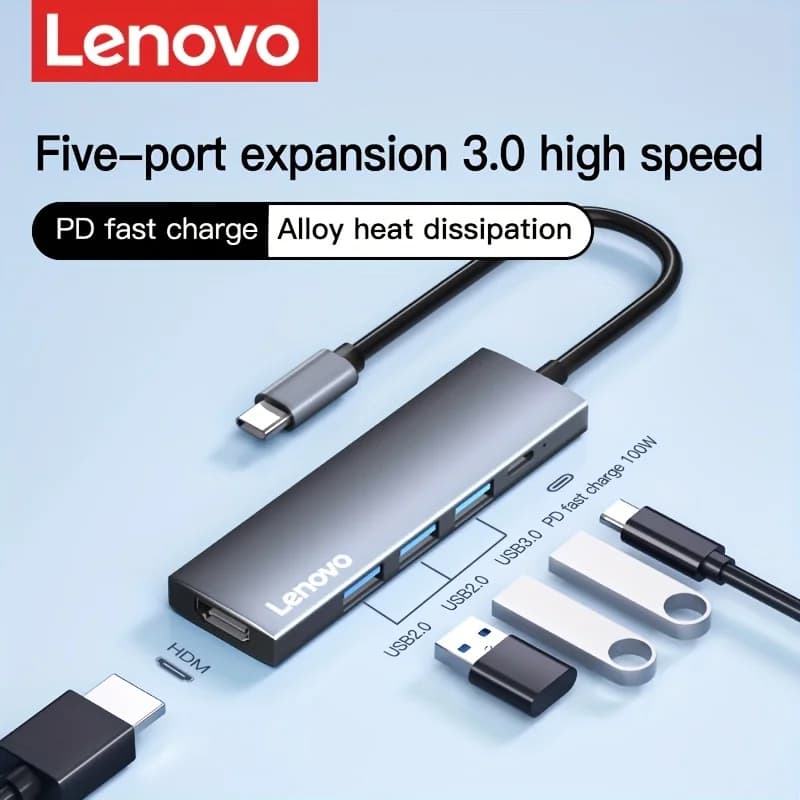 Docking Station USB-C Lenovo S705 5-in-1, HDMI 4K, USB 3.0, Ricarica Rapida PD, Lega di Alluminio, Hub Portatile per Laptop e Tablet