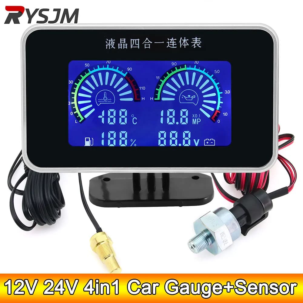 AD 4in1 12V 24V Water Temperature Oil Pressure Gauge Fuel Level Gauge Volt Meter Water Temp Sensor 10mm Oil Press Sensor Voltage
