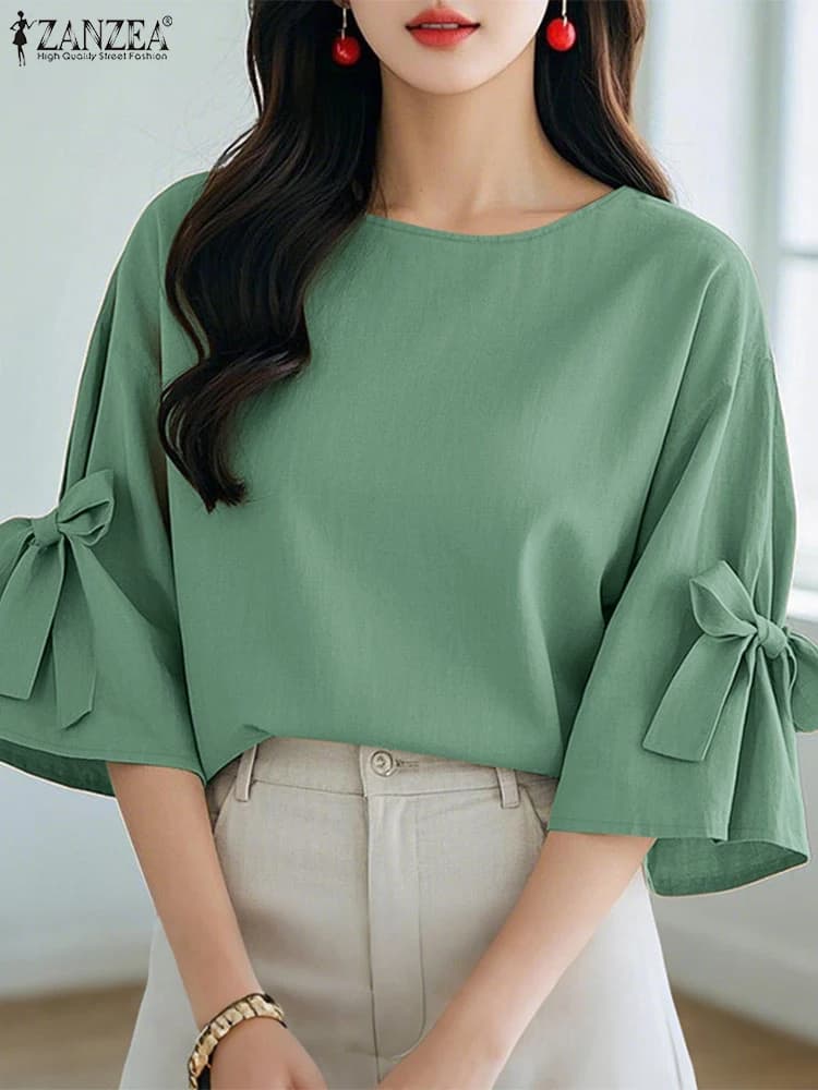 Fashion Summer Shirt 2025 ZANZEA Women Solid Work OL Top Stylish Or Collar Sleeve 3/4 Shirt with bow Casual Trained Chemise Blusas Femme