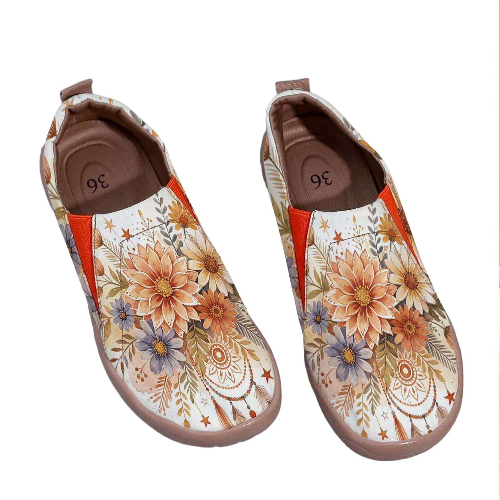 Women's Wide Toe Box Boho Dreamcatcher Dahlia Floral Print Slip‑On Shoes, Soft Sole Breathable Canvas Casual Walking Flats