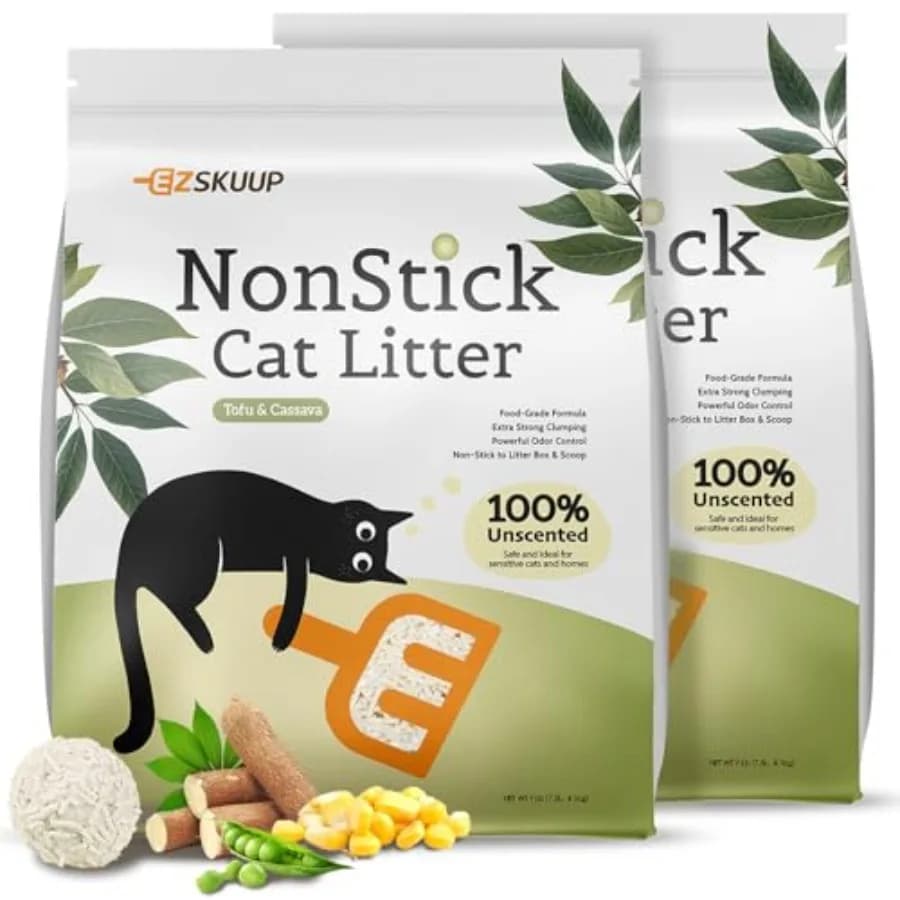 EZSKUUP Lettiera per Gatti in Tofu e Cassava con Fondo Antiaderente, Confezione da 2, Ultra Agglomerante, a Basso Disperdimento, Naturale e Biodegradabile
