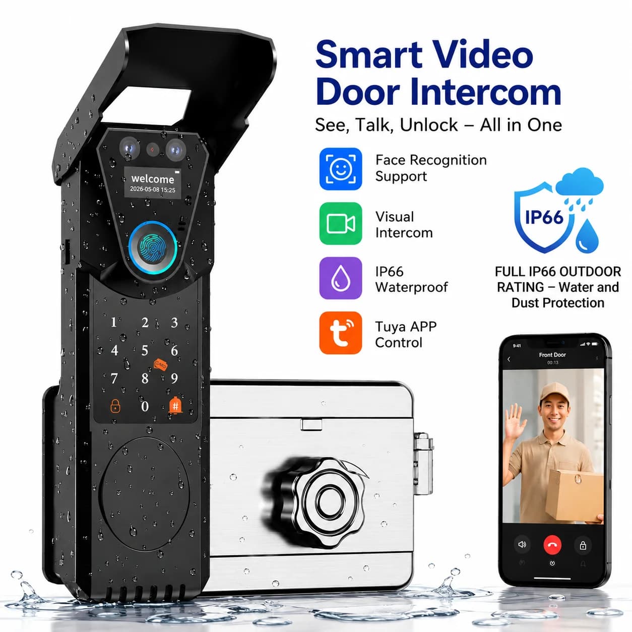 Outdoor Waterproof Tuya Smart Fingerprint Gate Lock with Face Recognition Doorbell Video Intercom RFID Card Digital Code Entry