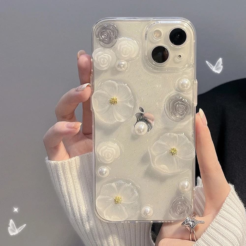 For iPhone 17 Pro Max 16 Plus 15 14 13 Promax Luxury Flower Pearl Glitter Phone Case, Transparent All-inclusive Protective Cover