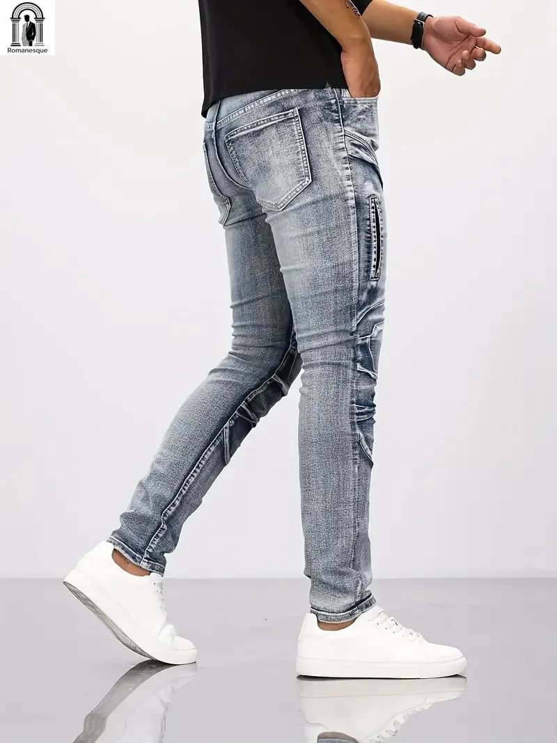New Men's Jeans Distressed With Strappi, Skinny Fit, Vintage Washing, Solid Color, Punk Style, Cutlery Length, With Pockets, Slim Fit 2024
