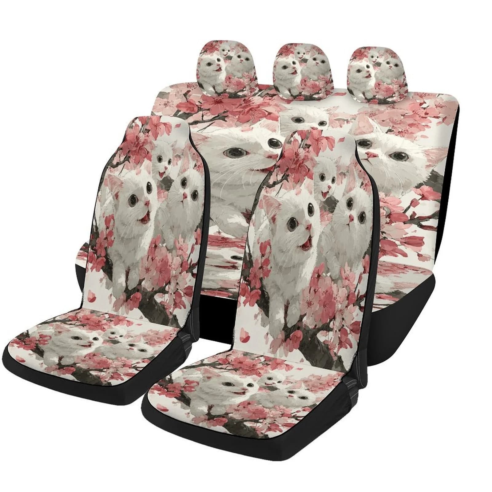 Set Of Car Seat Covers Featuring A Design Of Cats And Blossoming Trees, Suitable For Most Vehicles. These High-Quality, Comforta
