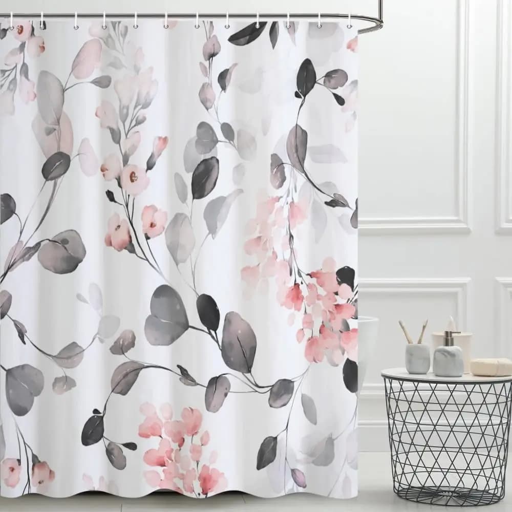 Set di tende da doccia floreali con acquerelli di eucalipto grigio e ganci, decorazione botanica impermeabile per il bagno, 72x72 pollici