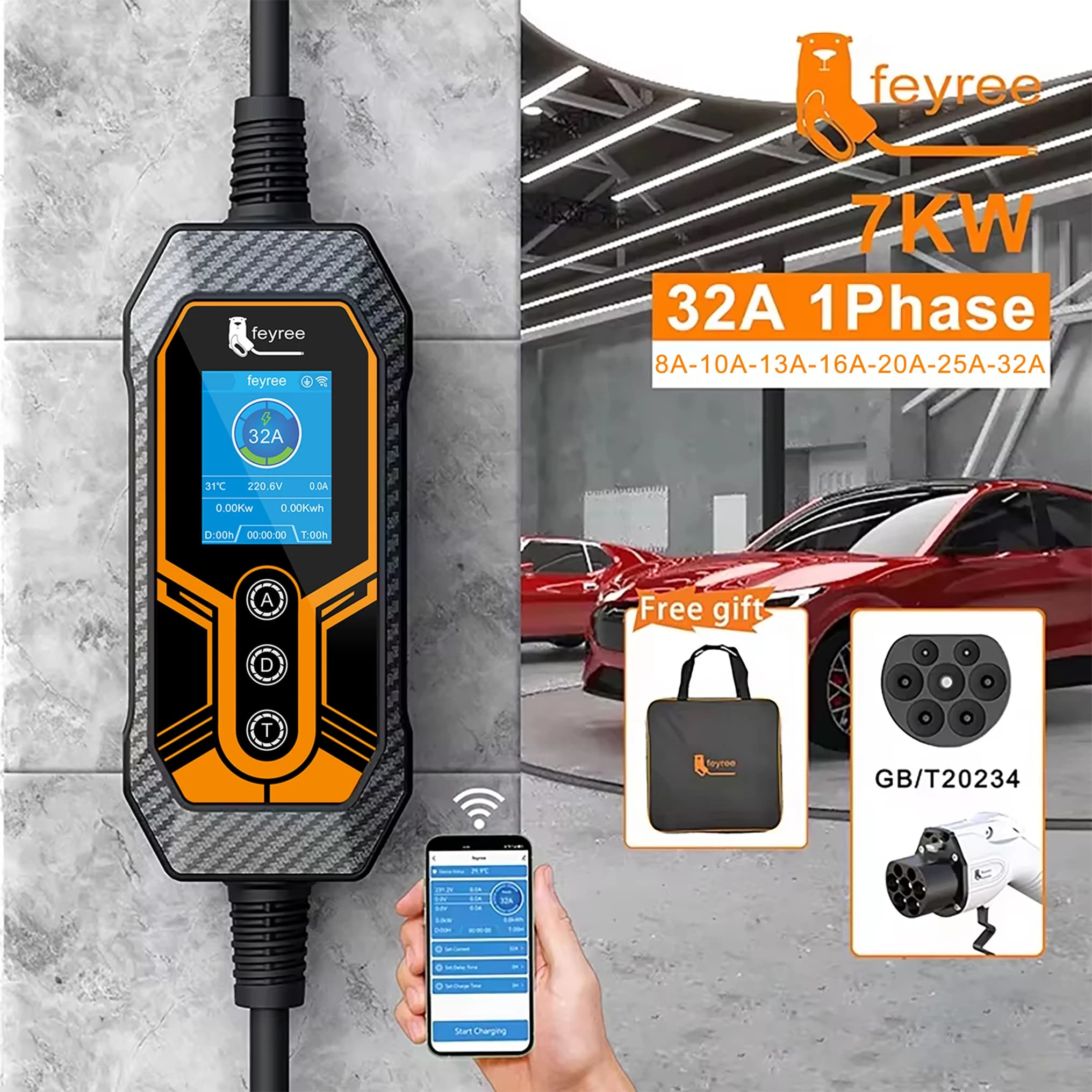 Feyree GB/T EV Loader 11KW 16A 3 Steps Smart APP Bluetooth 32A 7KW 1 Phase Portable Charging Box for Electric Vehicle