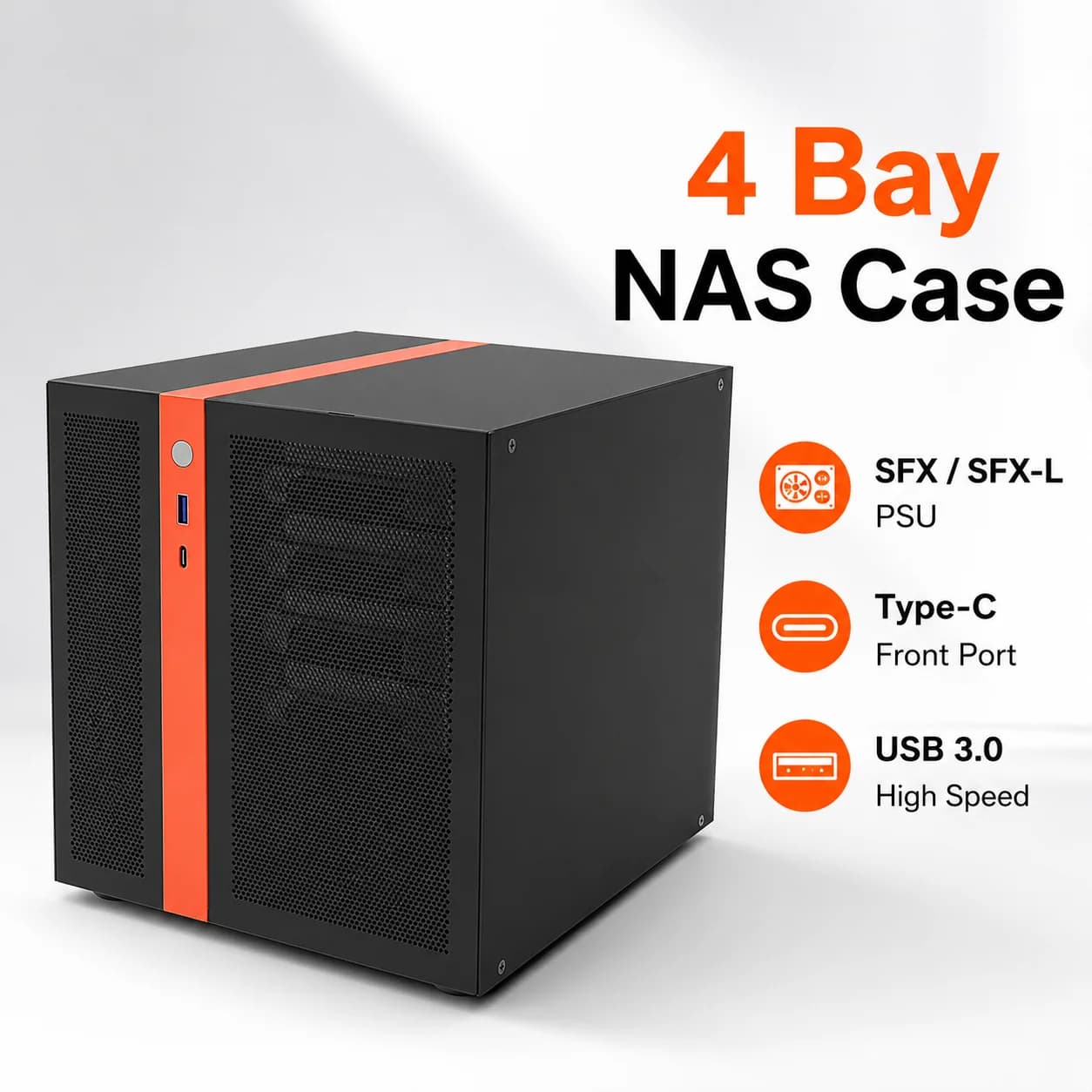 Case NAS a 4 Bay Mini ITX per Server, Chassis con Alimentatore SFX/SFX-L, 4x3.5 HDD, 2.5 SSD, USB 3.0 Type-C, Case per Archiviazione Domestica