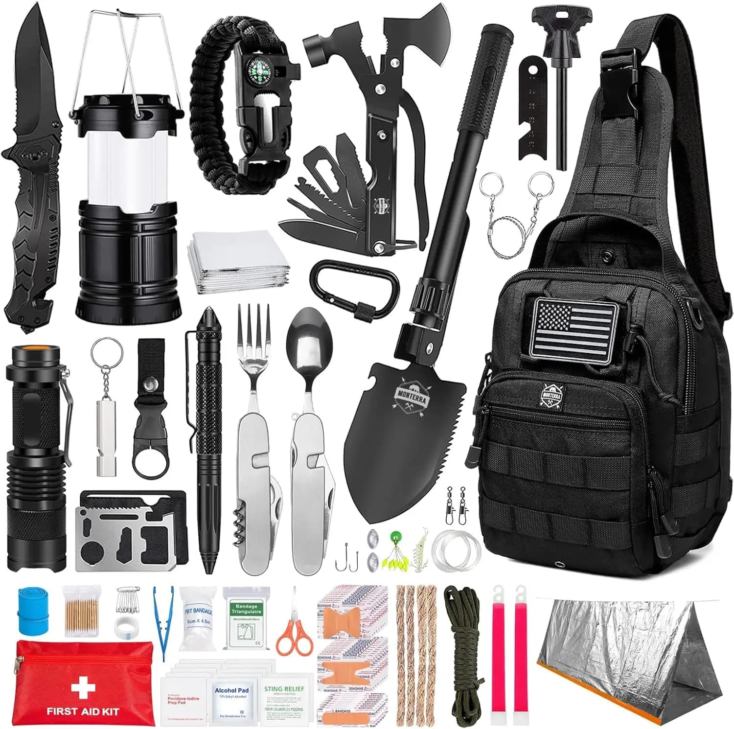 Monterra Survival Kit, 265 Pcs, Emergency Gear and Supplies, First Aid, Bug Out Go Bag, EDC, Molle System Backpack, Hiking, Camp