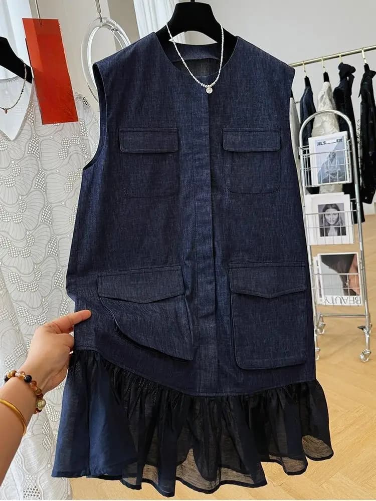 Abito estivo nuovo senza maniche con scollo tondo da donna Mini abito doppiopetto con temperamento alla moda elegante