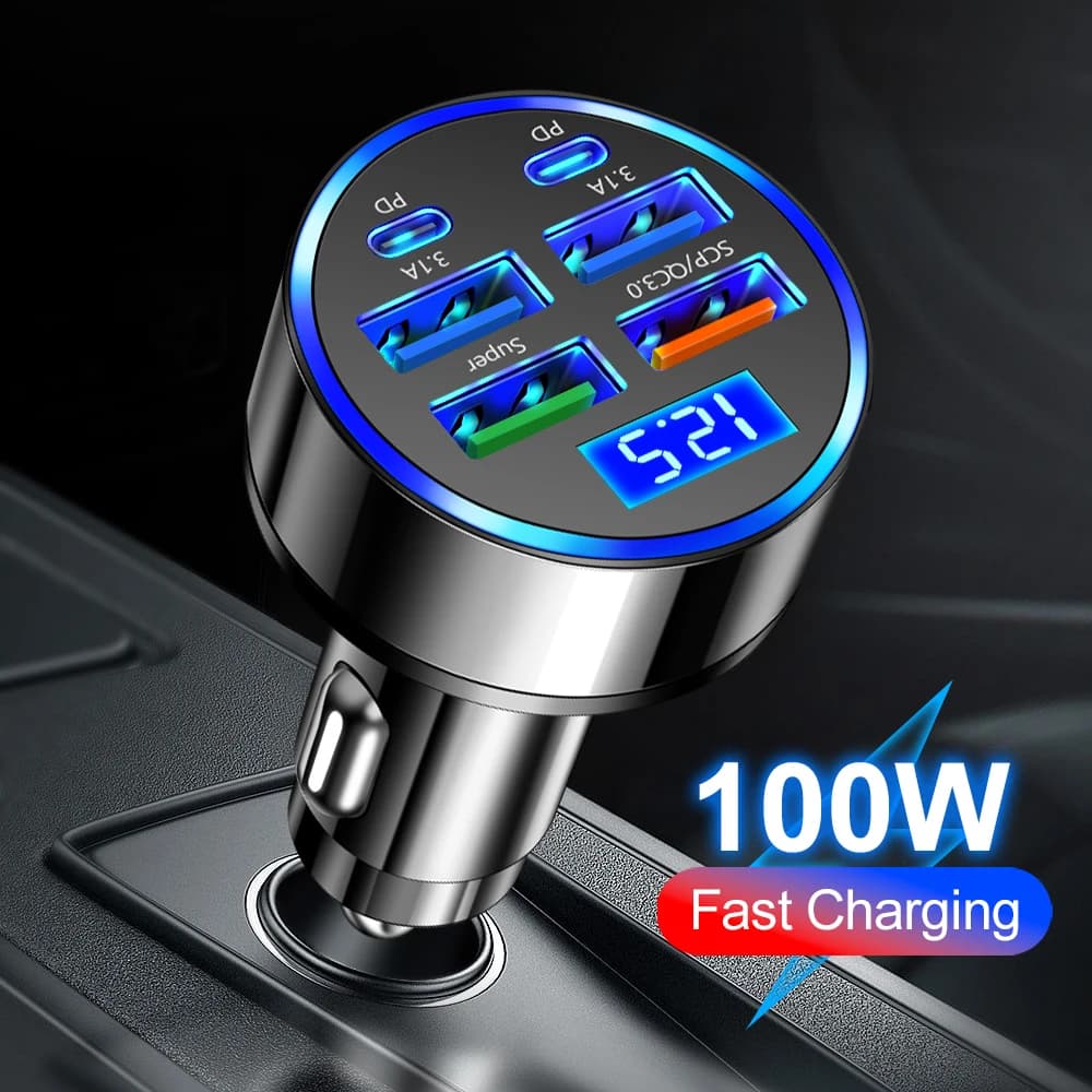 USB Car Charger 6 Ports Type C Fast Charging QC3.0 USB Car Phone Charger Power Adapter in Car For iPhone Samsung Huawei Xiaomi