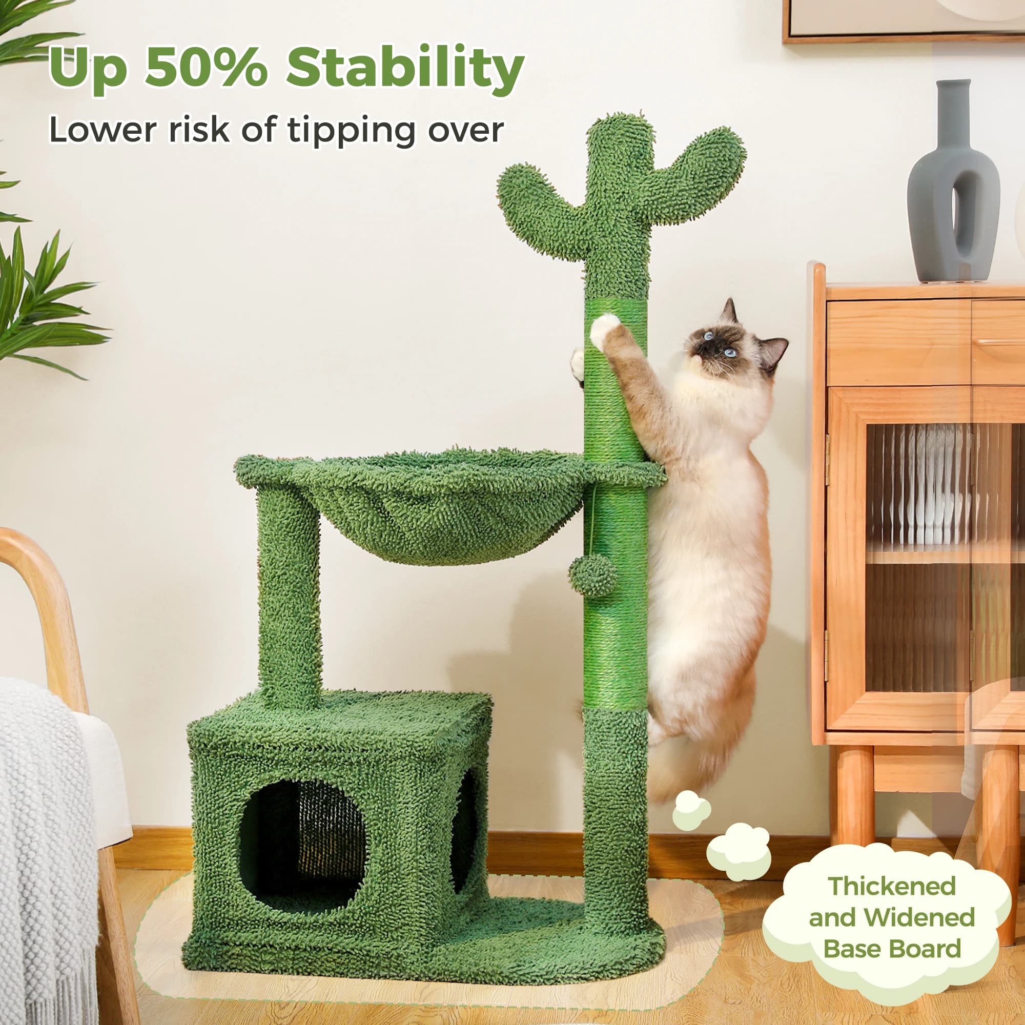 Cactus Cat Tree - Piccolo Tiragraffi per Gatti con Cuccia Spaziosa, Amaca Accogliente, Palla Pendente, Accessori per Gatti da Interno