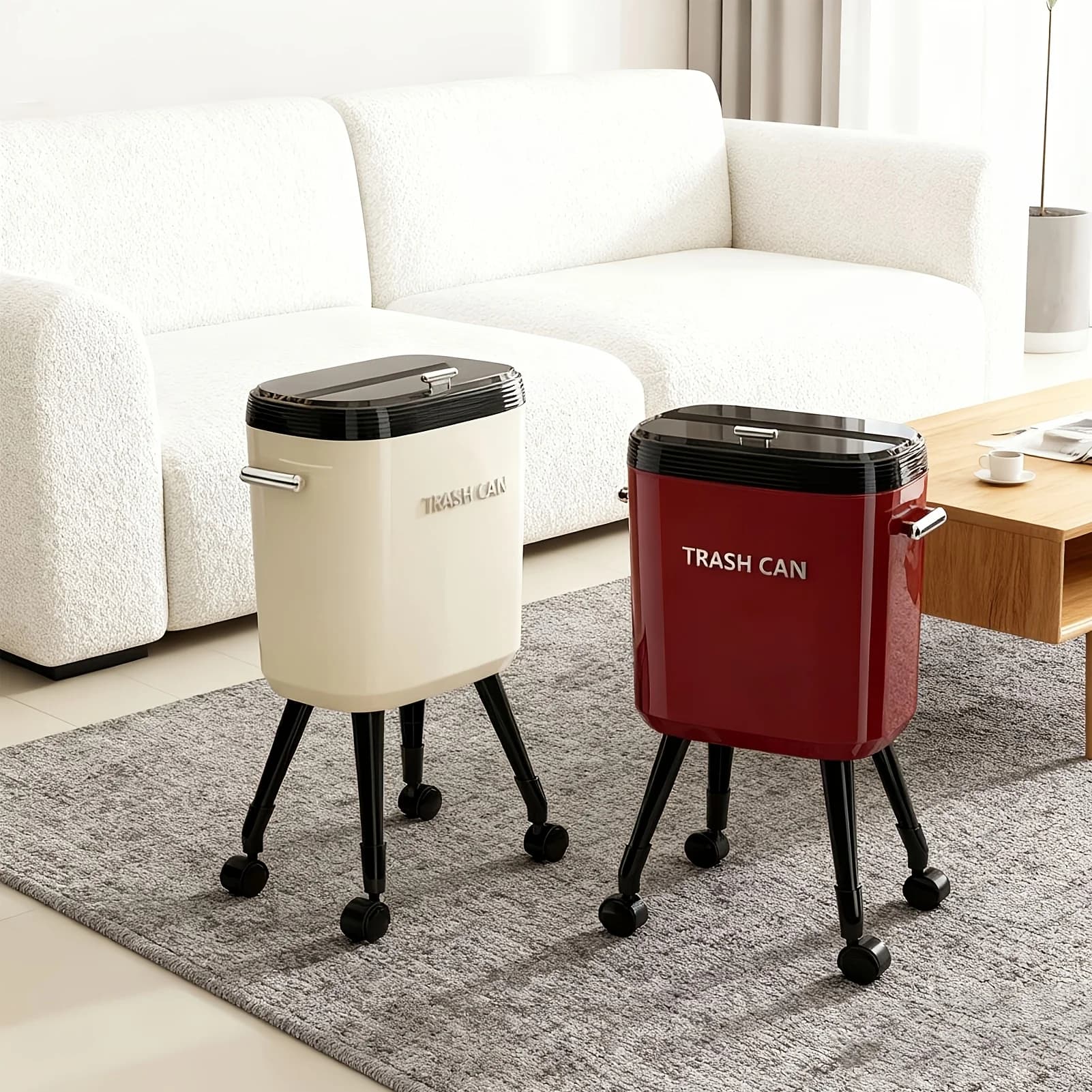 Mobile Trash Can With A High Leg Design, Featuring Wheels For Easy Use Without Bending. It Includes Detachable Inner And Outer Buckets, Silent Swivel Casters, And Is A Large-Capacity Option For Kitchens, Ideal For Daily Cleaning In Living Rooms
