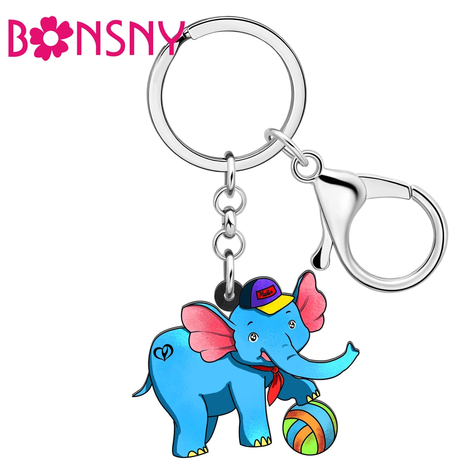 BONSNY Acrilico Palla carina Portachiavi elefante blu Animali Divertenti Portachiavi Anelli Zaino Regali per auto per donne Bambini Gioielli di moda