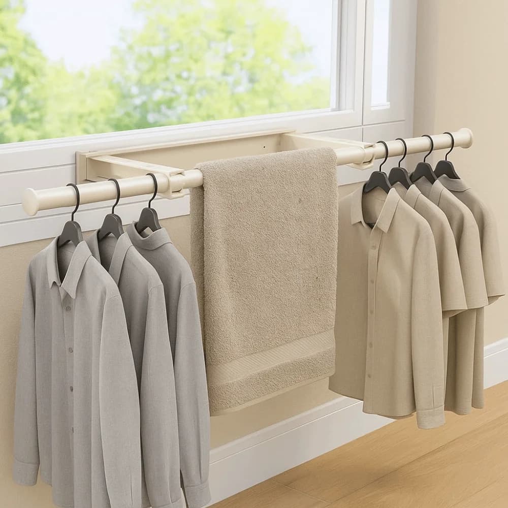 Carbon Steel Telescopic Clothes Rack Wall Mounted Adjustable Length Laundry Drying Rack Space Saving Punch-free Clothes Hanger